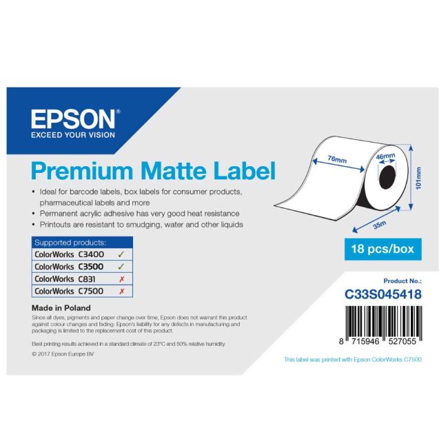 Epson C33S045418 Premium Matte Label - 76mm x 35m
