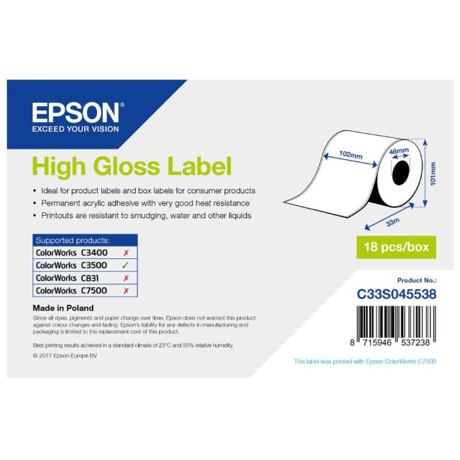 Epson C33S045538 High Gloss Label - 102mm x 33m