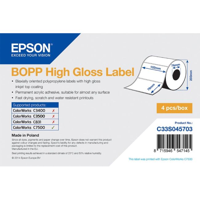 Epson C33S045703 BOPP High Gloss Die-cut Label Roll 102mm x 76mm (1890 labels)