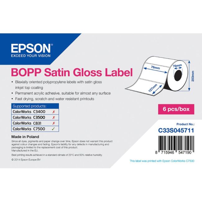 Epson C33S045711 BOPP Satin Gloss Die-cut Label Roll 76mm x 127mm (1150 labels)