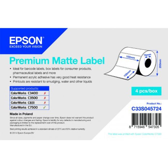 Epson C33S045724 Premium Matte Die-cut Label Roll 102mm x 152mm (800 labels)