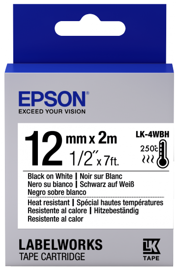 Epson 12mm LK-4WBH Black on White Heat Resistant Tape (2 Meter Roll) C53S654025