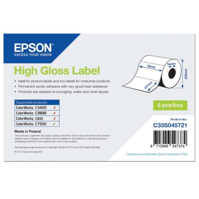 Epson C33S045721 High Gloss Label Die-cut Roll 76mm x 127mm (960 Labels)