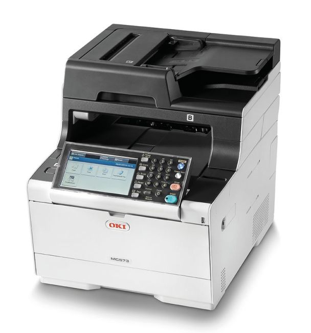 OKI MC573dn A4 Colour LED Multifunction Printer left view no trays attached