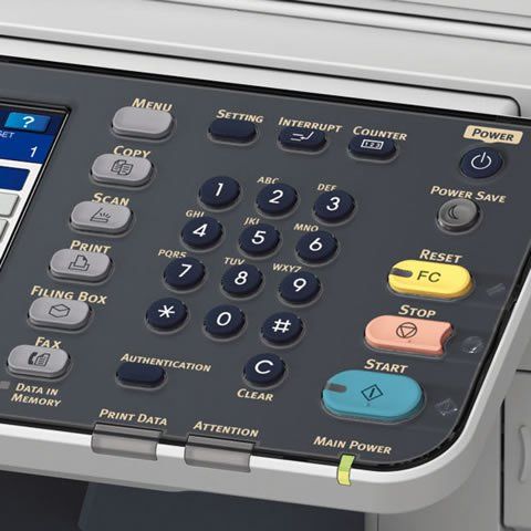Oki MC760dnfax A4 Colour LED MFP with Fax screen keyboard close up