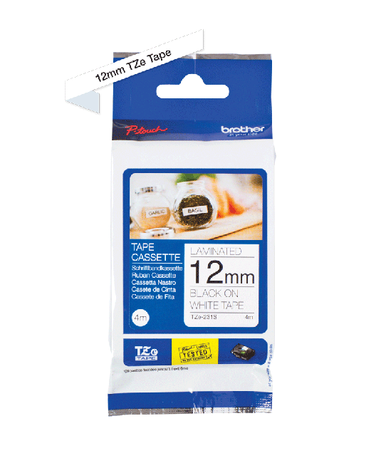 Brother TZe231S 12mm x 4m Gloss Black On White Tape TZ231S