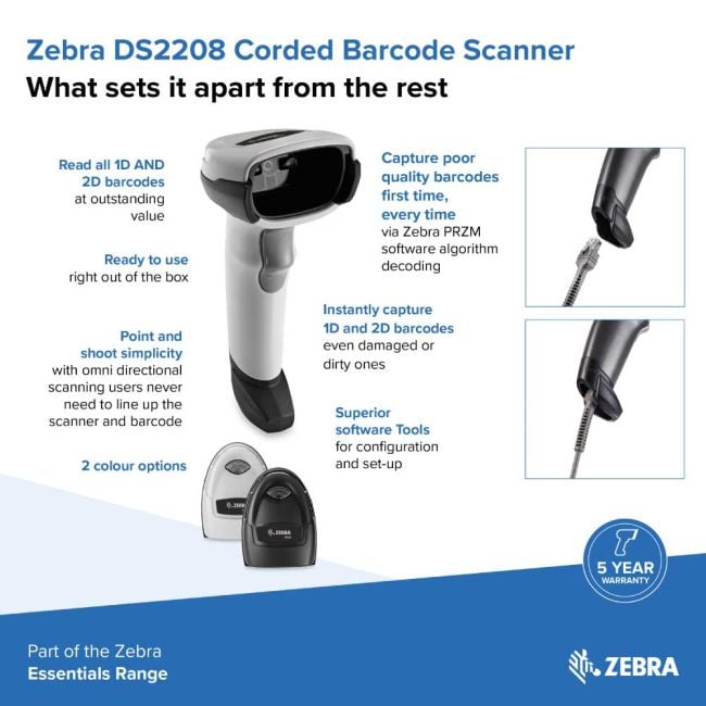 Zebra DS2208 Corded Handheld 1D/2D Imager Barcode Scanner