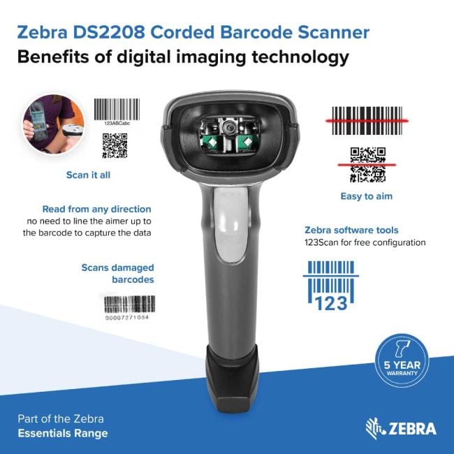 Zebra DS2208 Corded Handheld 1D/2D Imager Barcode Scanner