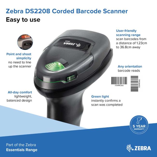 Zebra DS2208 Corded Handheld 1D/2D Imager Barcode Scanner