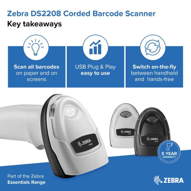 Zebra DS2208 Corded Handheld 1D/2D Imager Barcode Scanner