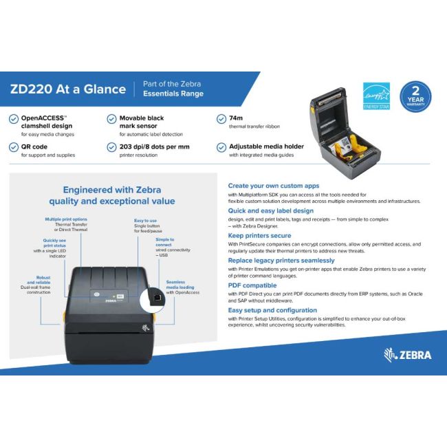 Zebra ZD220T Thermal Transfer Label Printer (USB)