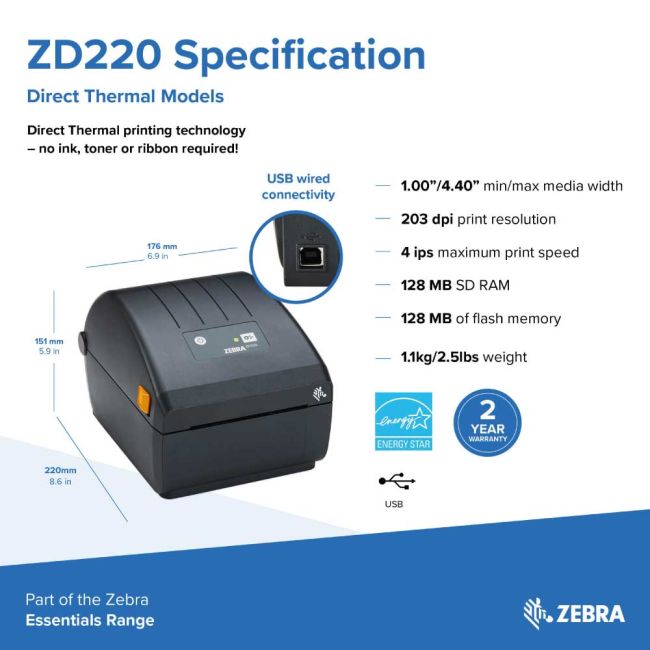 Zebra ZD220D Direct Thermal Label Printer (USB) ** Clearance ** 