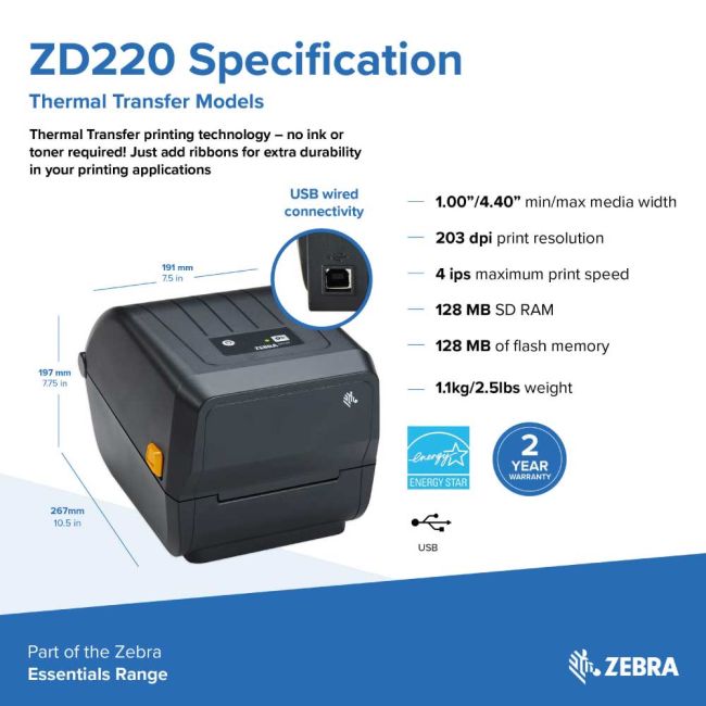 Zebra ZD220T Thermal Transfer Label Printer (USB)