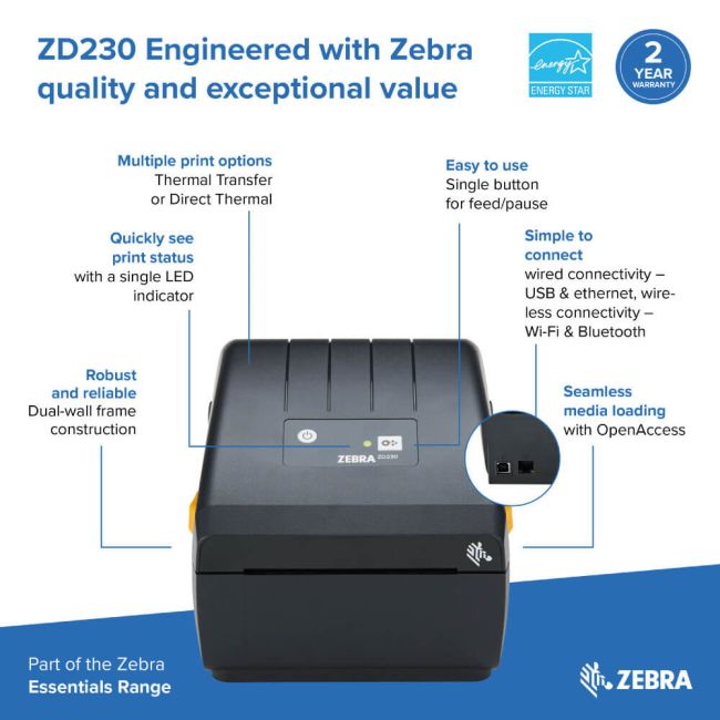 Zebra ZD230D Direct Thermal Label Printer (BT, USB & Wireless)
