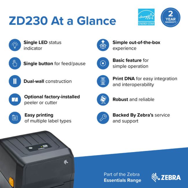 Zebra ZD230D Direct Thermal Label Printer (BT, USB & Wireless)