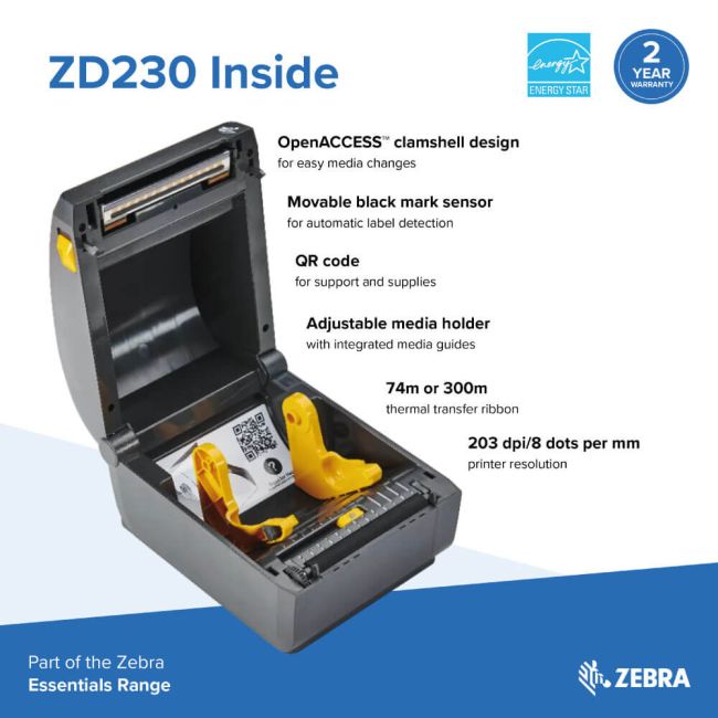 Zebra ZD230D Direct Thermal Label Printer (BT, USB & Wireless)