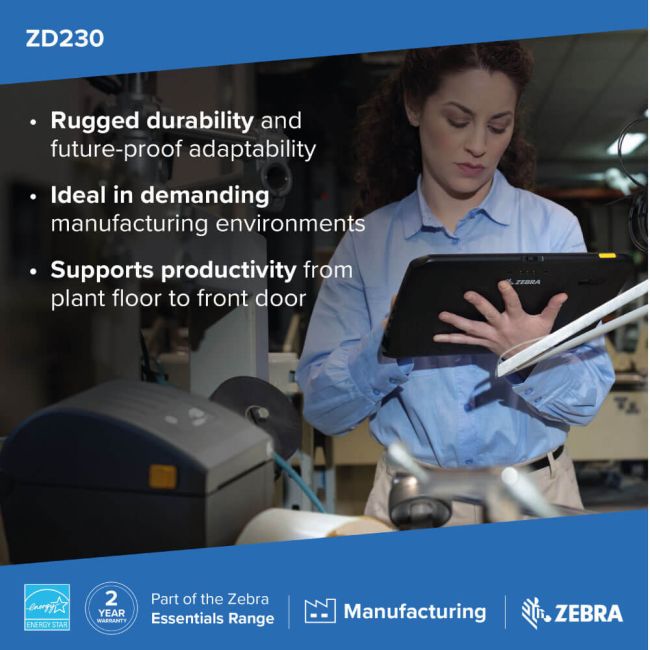 Zebra ZD230D Direct Thermal Label Printer (BT, USB & Wireless)