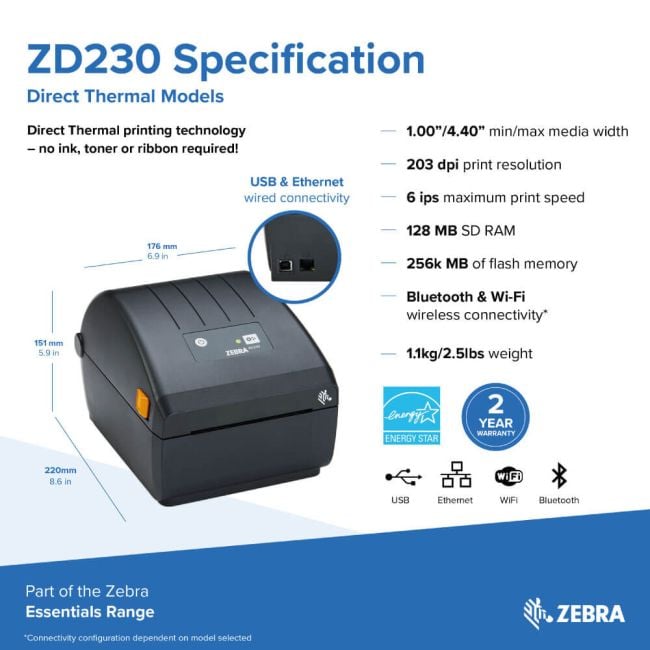Zebra ZD230D Direct Thermal Label Printer (BT, USB & Wireless)
