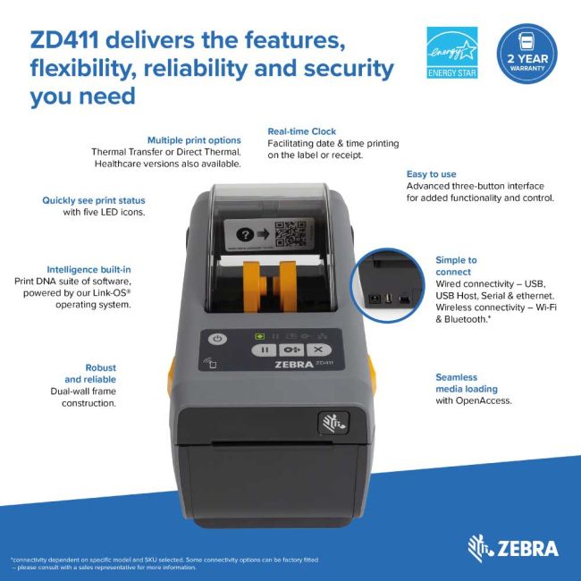 Zebra ZD411 Direct Thermal Label Printer (USB, Network, NFC & BT Low Energy)