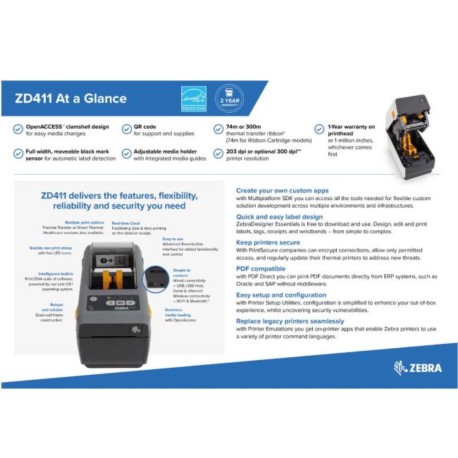 Zebra ZD411 Direct Thermal Label Printer (USB, NFC & BT Low Energy)