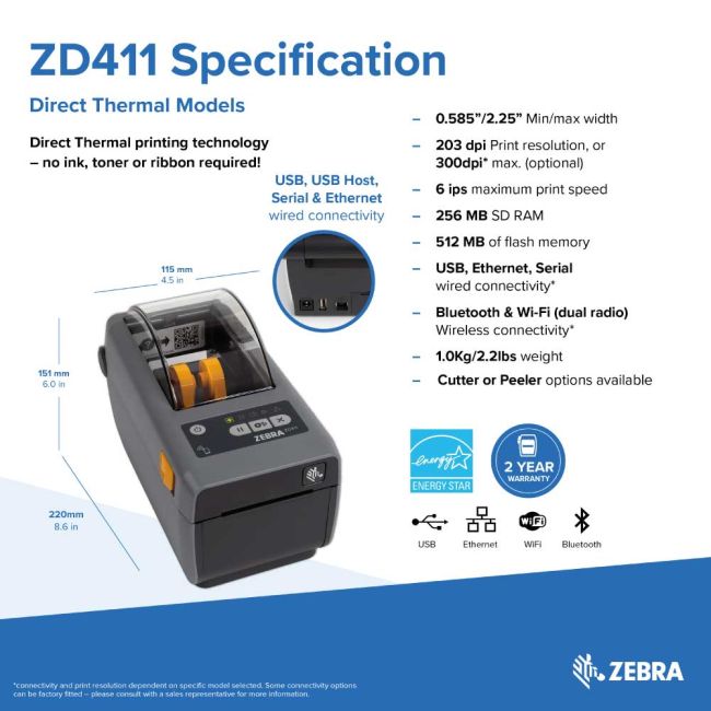 Zebra ZD411 Direct Thermal Label Printer (USB, Network, NFC & BT Low Energy)