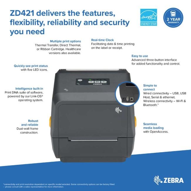 Zebra ZD421 Direct Thermal Label Printer (USB, USB Host & Bluetooth Lite)
