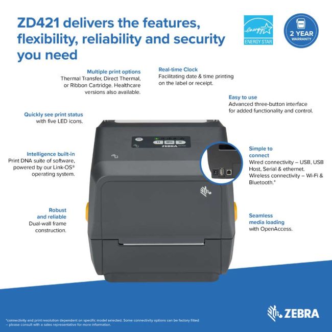 Zebra ZD421C Thermal Transfer Label Printer (USB & BT Low Energy) ** New - Open Box ** 