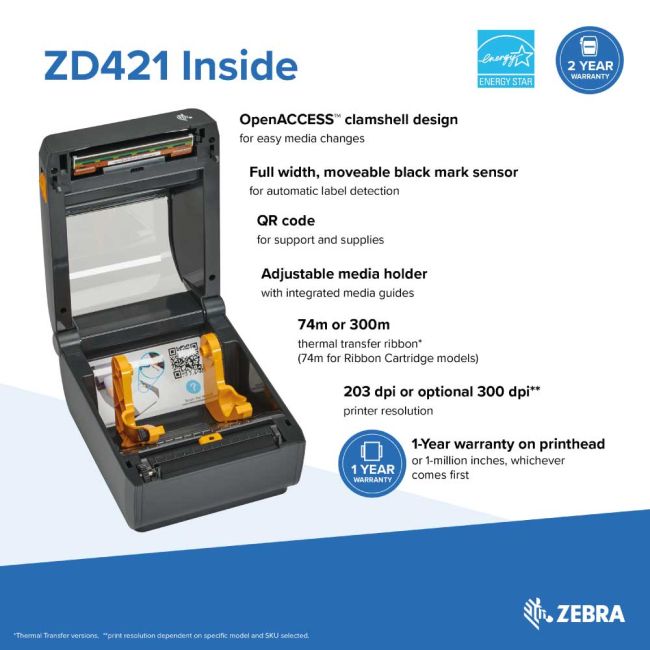 Zebra ZD421C Thermal Transfer Label Printer (USB & BT Low Energy) ** New - Open Box ** 