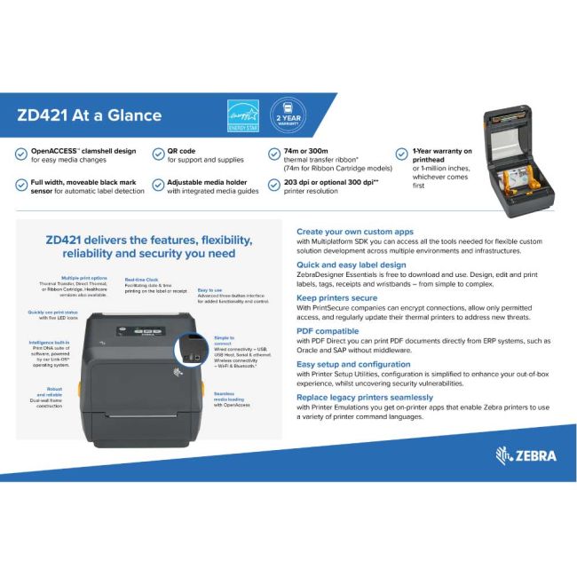 Zebra ZD421C Thermal Transfer Label Printer (USB & BT Low Energy) ** New - Open Box ** 