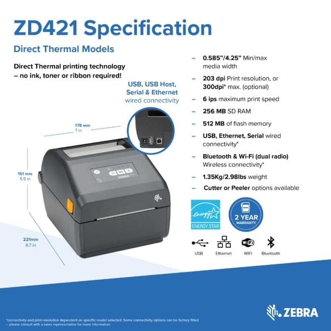 Zebra ZD421 Direct Thermal Label Printer (USB, USB Host & Bluetooth Lite)