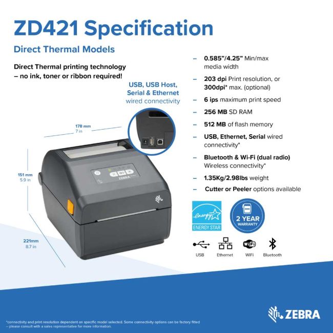 Zebra ZD421D Direct Thermal Label Printer (USB, Wireless, NFC & BT)