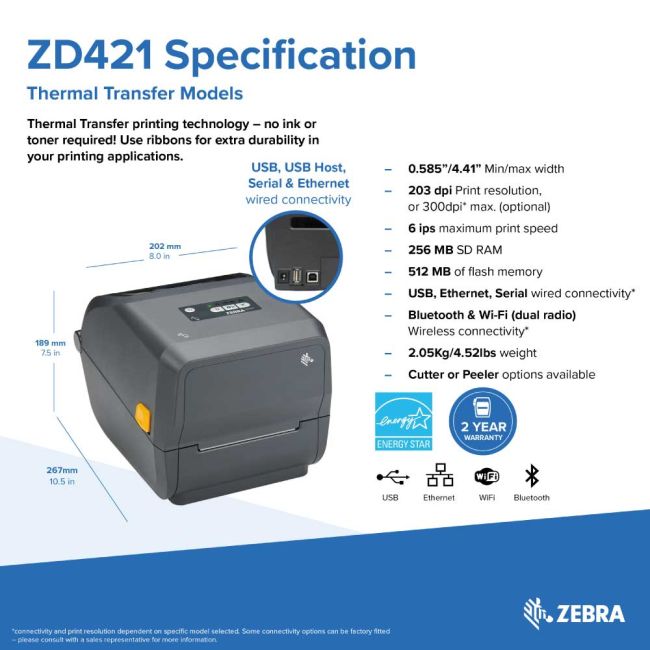 Zebra ZD421C Thermal Transfer Label Printer (USB & BT Low Energy) ** New - Open Box ** 