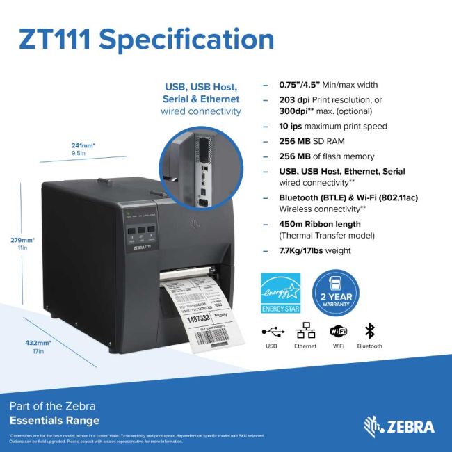 Zebra ZT111 Thermal Transfer Label Printer (USB, Serial, Network & BT)