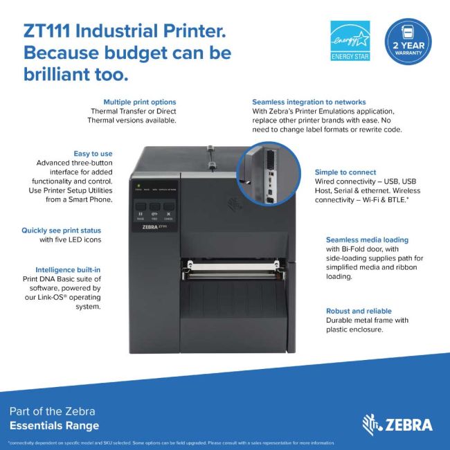 Zebra ZT111 Thermal Transfer Label Printer (USB, Serial, Network & BT)