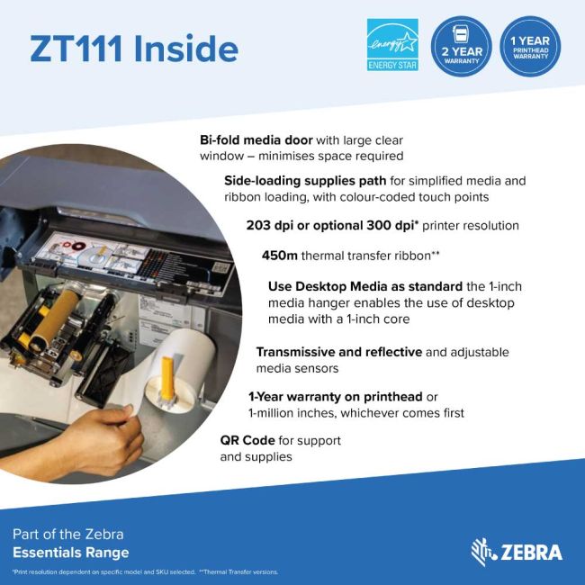 Zebra ZT111 Thermal Transfer Label Printer (USB, Serial, Network & BT)