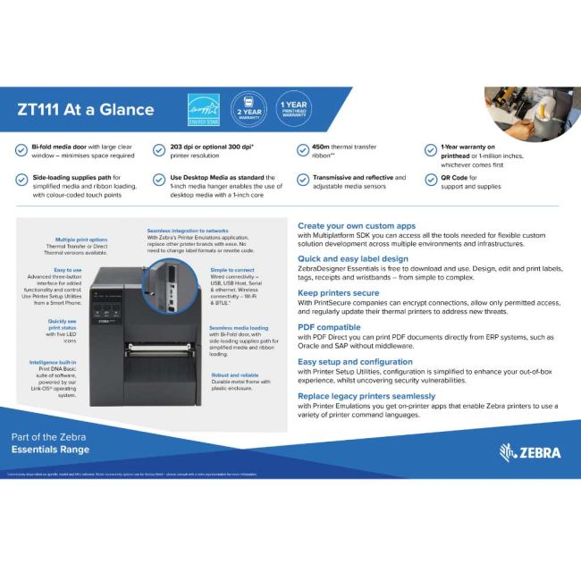 Zebra ZT111 Thermal Transfer Label Printer (USB, Serial, Network & BT)