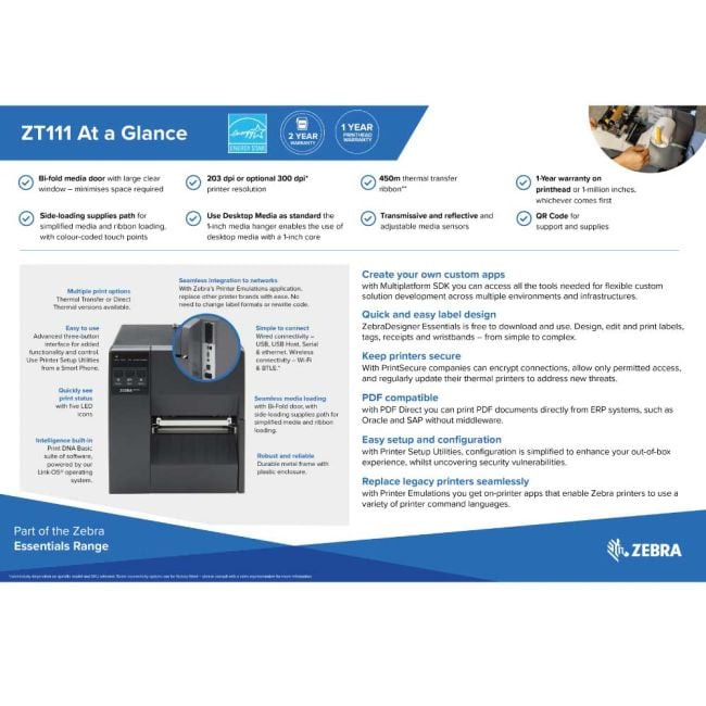 Zebra ZT111 Thermal Transfer Label Printer (USB, Serial, Network & BT)
