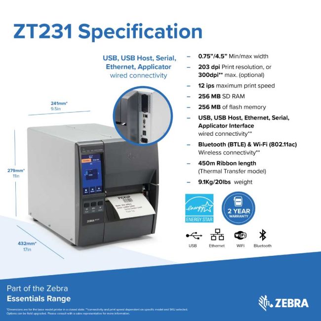 Zebra ZT231 Direct Thermal Label Printer (USB, Wireless, Serial, Network & BT Low Energy)