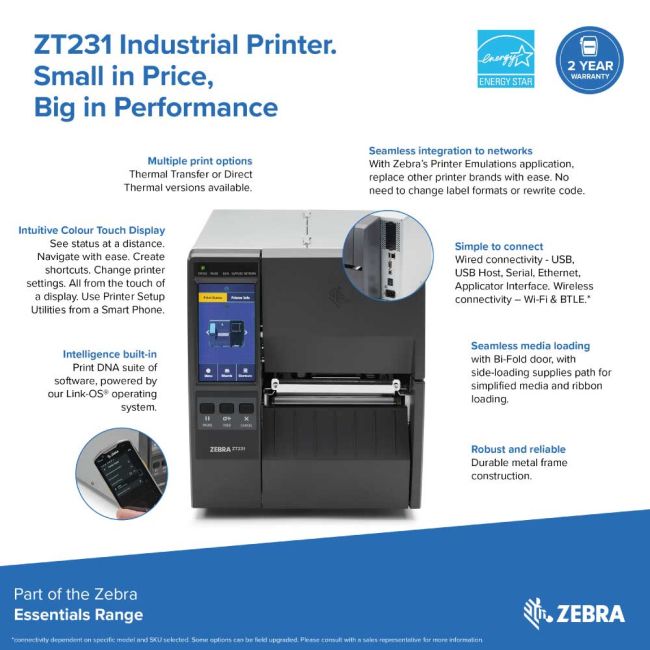 Zebra ZT231 Direct Thermal Label Printer (USB, Serial, Network & BT Low Energy) ** Clearance **