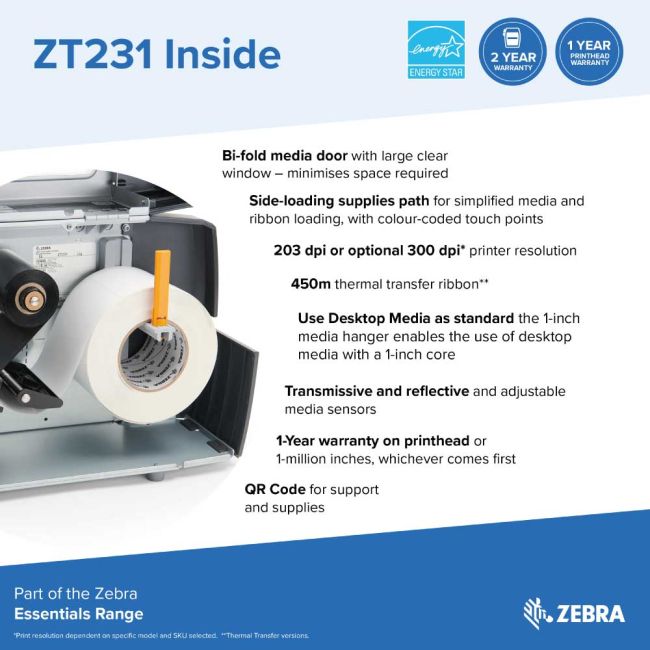 Zebra ZT231 Direct Thermal Label Printer (USB, Wireless, Serial, Network & BT Low Energy)