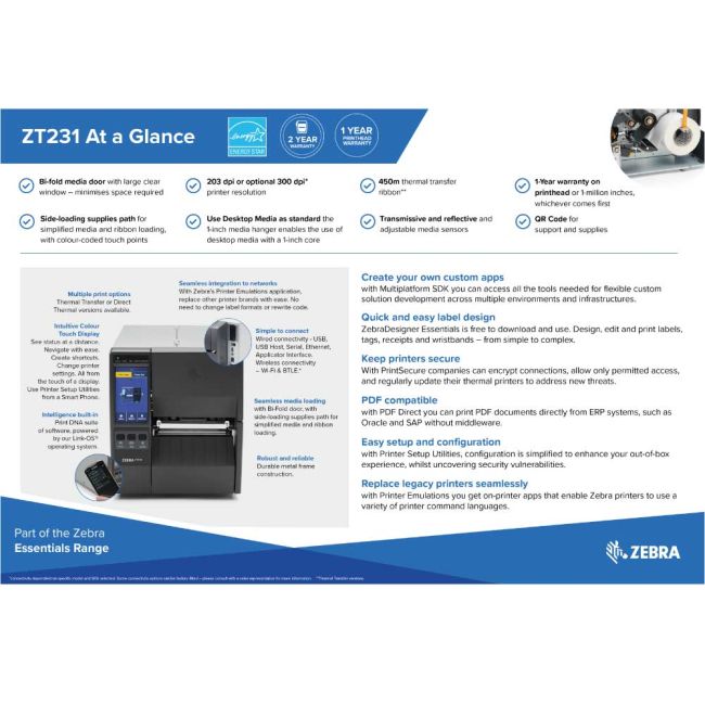 Zebra ZT231 Direct Thermal Label Printer (USB, Wireless, Serial, Network & BT Low Energy)