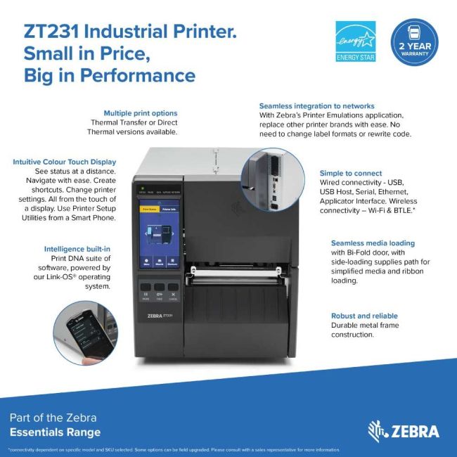 Zebra ZT231 Thermal Transfer Label Printer (USB, USB Host, RS232, BT (BLE), Ethernet, Wi-Fi)