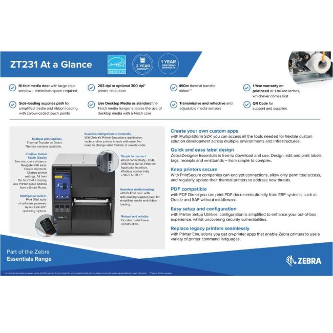 Zebra ZT231 Thermal Transfer Label Printer (USB, USB Host, RS232, BT (BLE), Ethernet, Wi-Fi)