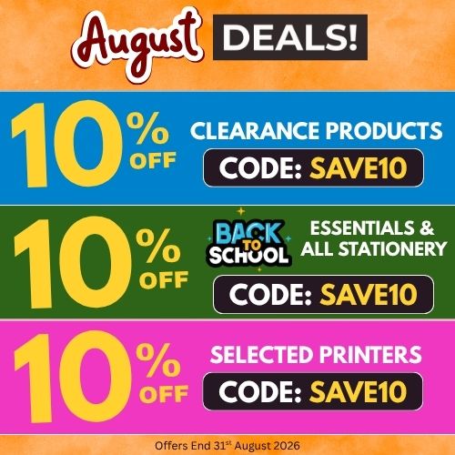 August Deals. 10% off Clearance Products with code SAVE10 10% off Back to school essentials & all stationery with code SAVE10 10% off Selected Printers with code SAVE10 Offers end 31st August 2026