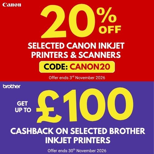 20% off selected Canon inkjet Printers & scanners. Use code CANON20. Ends November 3rd 2026. Get up to £100 Cashback on selected Brother inkjet printers. Ends 30th November 2026