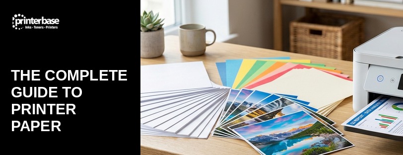 complete-paper-guide-banner-a Colourful printer paper samples and photo prints fanned out on a desk beside an Epson EcoTank printer, illustrating Printerbase's complete guide to printer paper