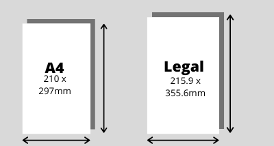 A4 Paper Size 210 x 297mm Compared to Legal Size 215.9 x 355.6mm