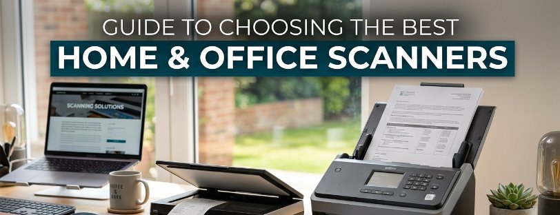 guide-choosing-best-home-office-scanners-wide-v2 Home office desk with laptop, flatbed scanner and Epson document scanner showing the Guide to Choosing the Best Home and Office Scanners title