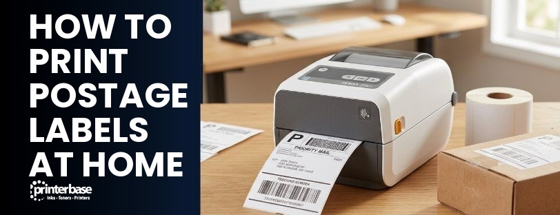 how-to-print-postage-labels-banner How to print postage labels at home – thermal label printer with Printerbase logo, printing a Royal Mail priority label next to a parcel