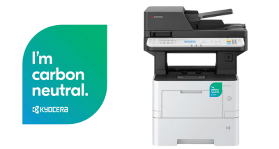 i-am-carbon-neautral-badge-printer I am carbon neutral, Kyocera sticker next to a Kyocera laser printer